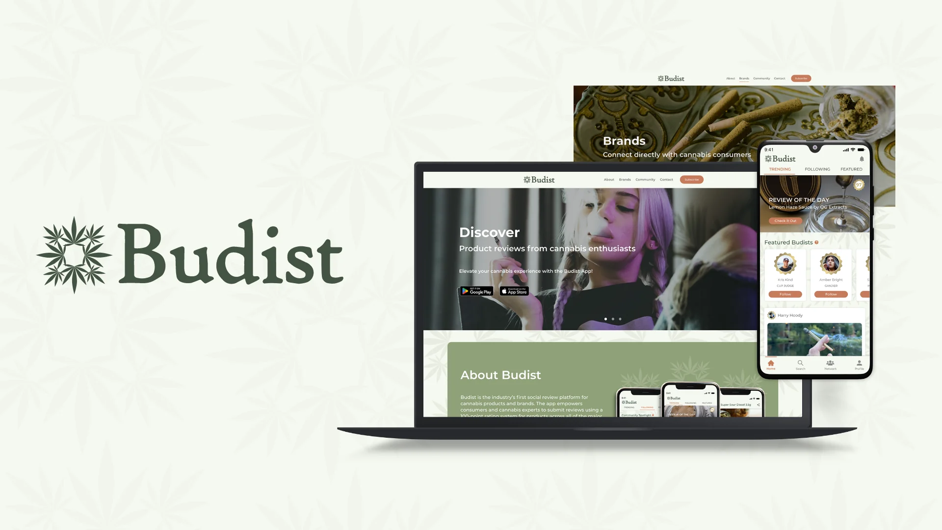 Budist logo beside the Budist website on a laptop and the Budist app on a phone