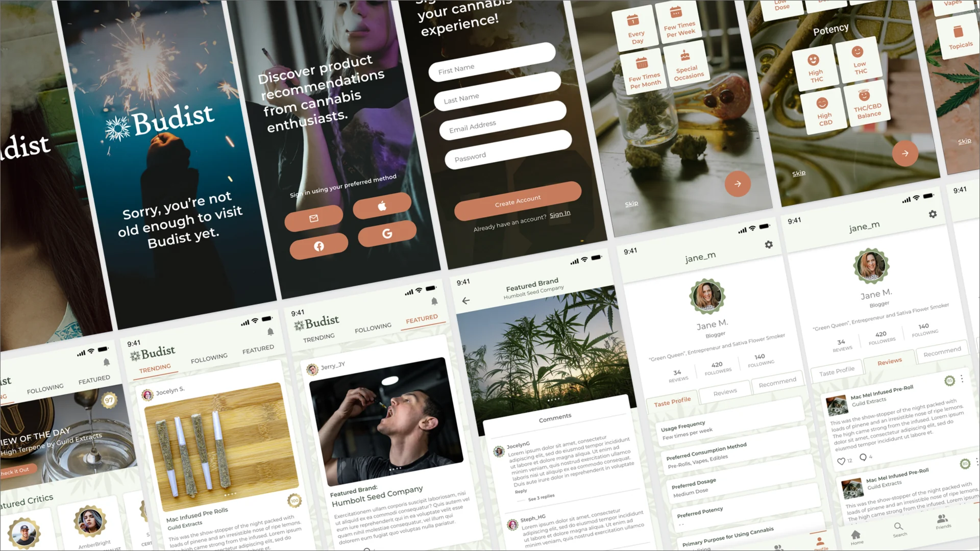 Collage of Budist mobile app screens including age gate, sign-up, review feed and user profiles