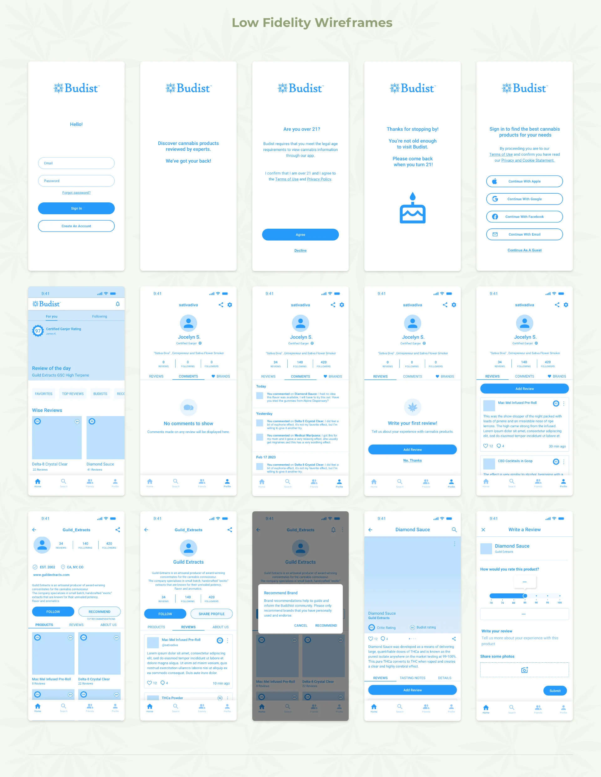 Budist low-fidelity wireframes for onboarding, profiles, brands and reviews