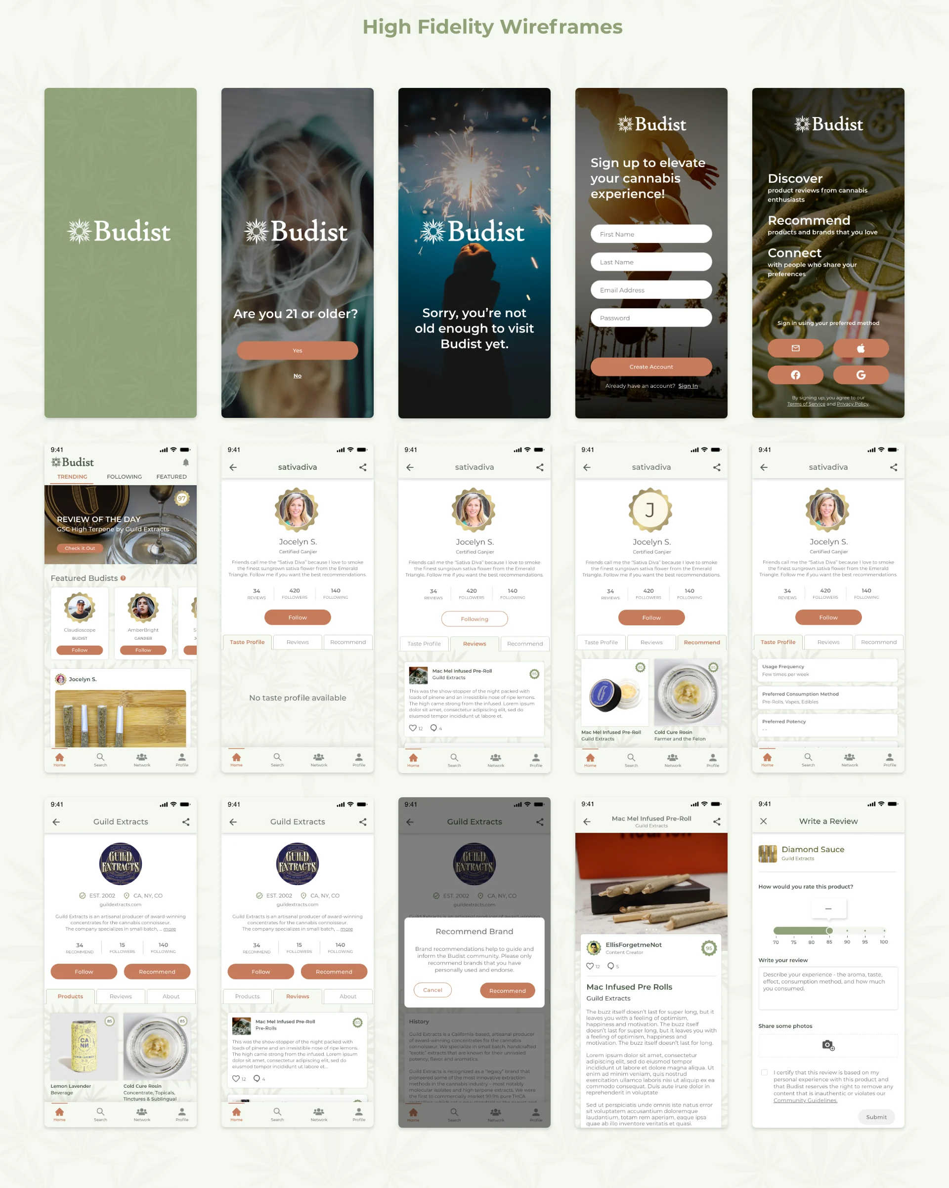 Budist high-fidelity app designs for onboarding, profiles, brand pages and writing a review