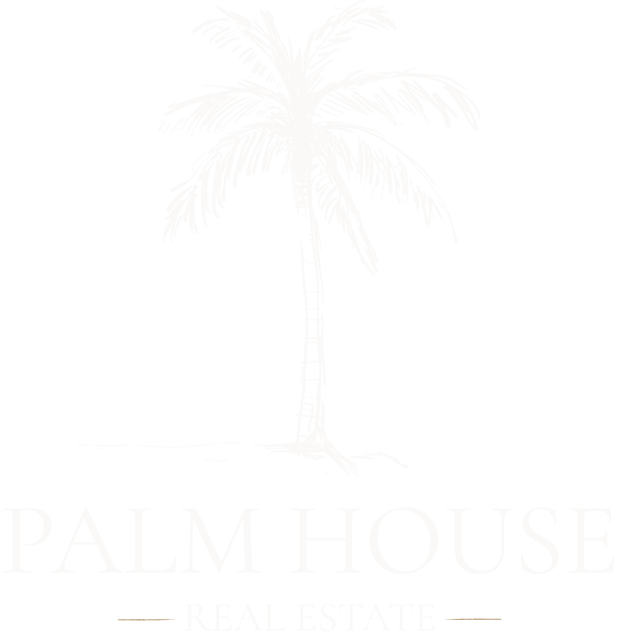 Logo for Palm House Real Estate featuring a detailed sketch of a palm tree above the company name.