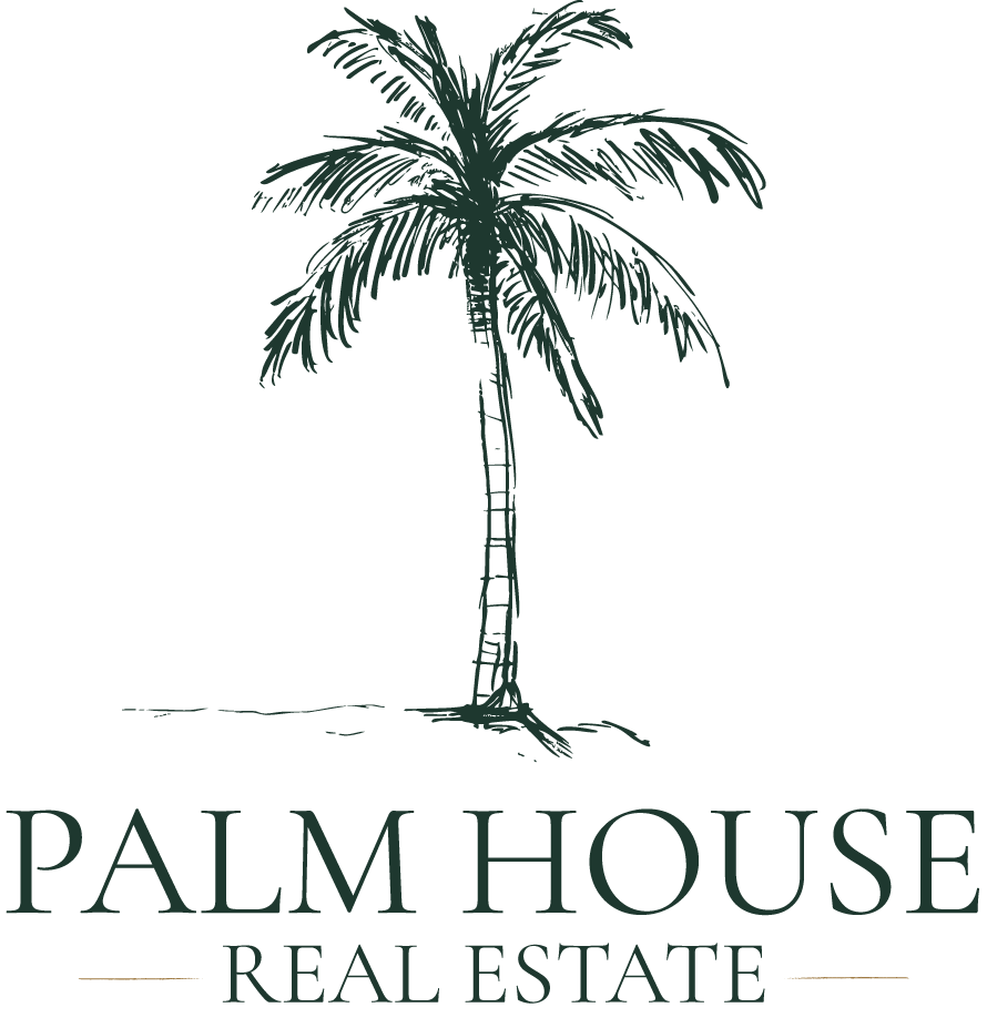 Logo for Palm House Real Estate featuring a detailed sketch of a palm tree above the company name.