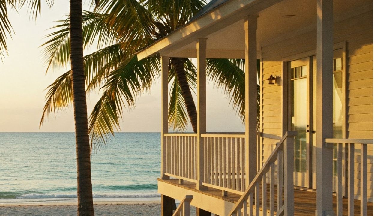 Beach house porch with white railing overlooking a sandy beach, ocean, and palm trees at sunset.