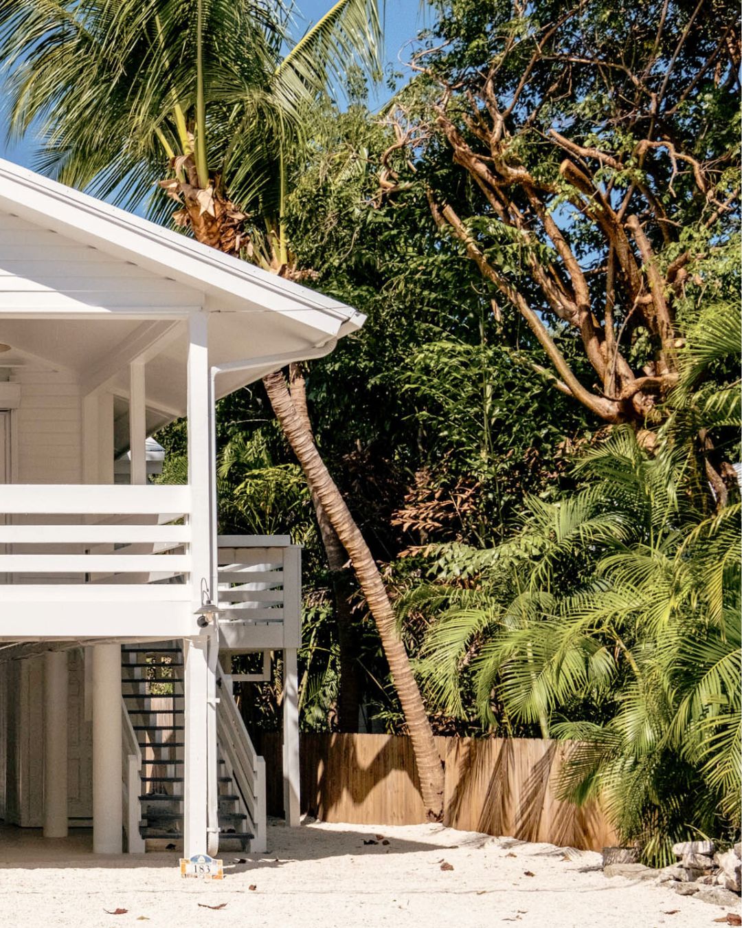 White house on stilts next to a sandy ground with palm trees and dense tropical greenery.