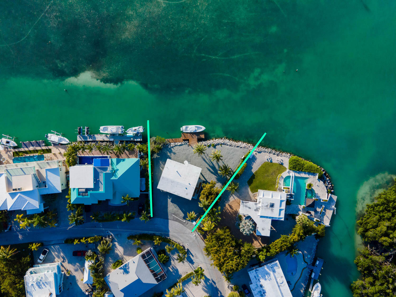 Aerial view of waterfront houses with docks and boats along turquoise water, surrounded by trees and greenery.