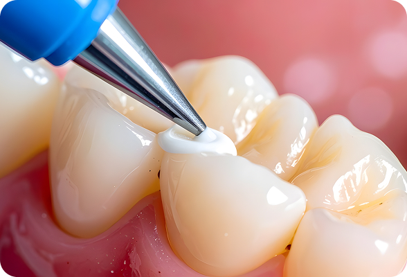 Close-up of dental composite resin being applied to a molar tooth with a dental syringe.