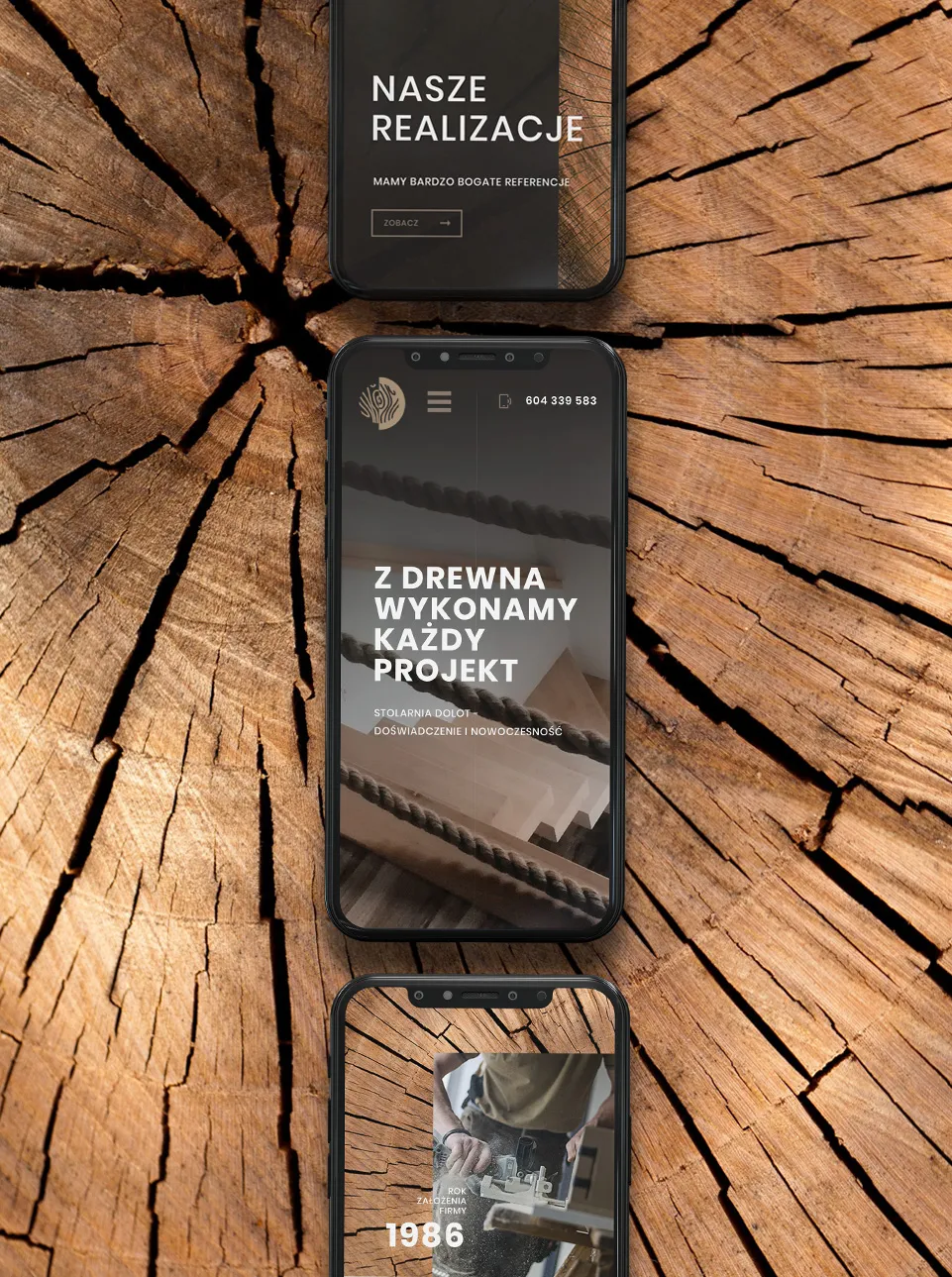 Przykład realizacji z zakresu Digital Design - projekt strony internetowej dla stolarni = wersja mobilna