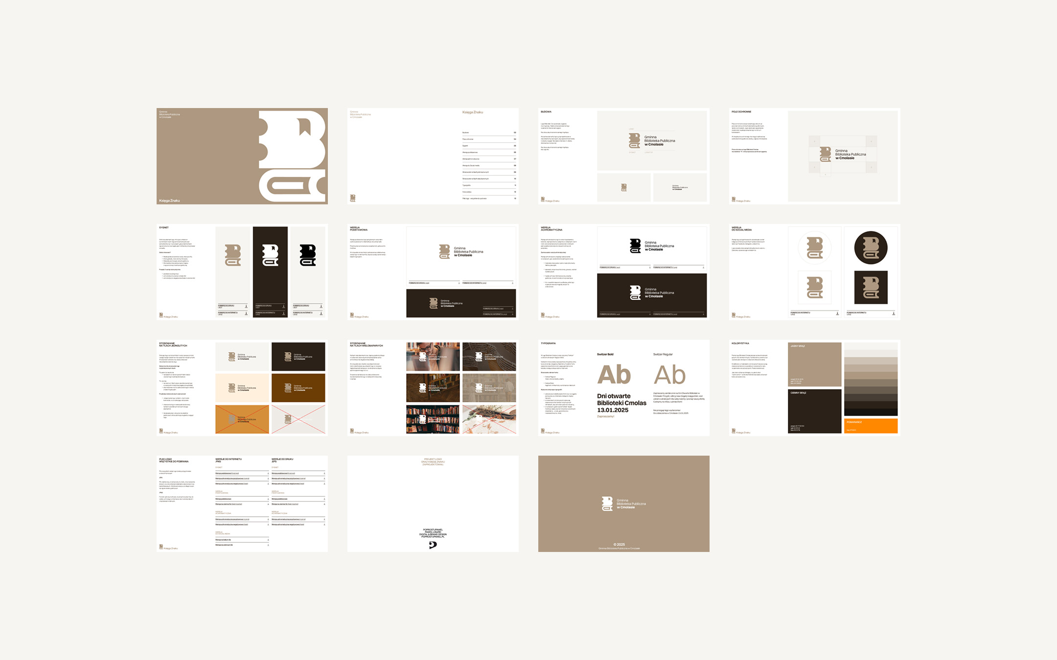 Brandbook zaprojektowanego logo dla Biblioteki Cmolas - widok stron