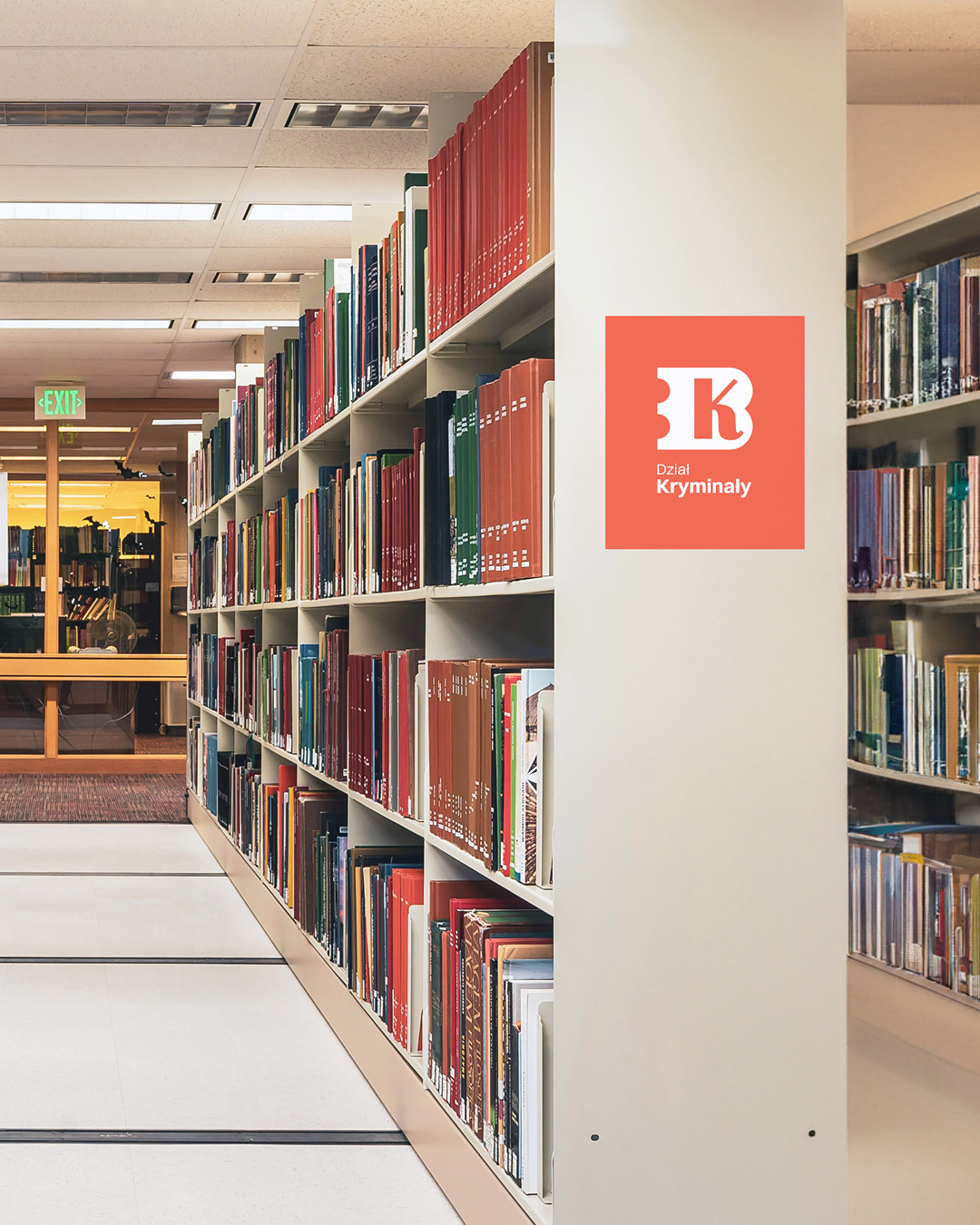 Przykładowa tabliczka do oznaczenia działu w bibliotece - prezentacja na zdjęciu regału