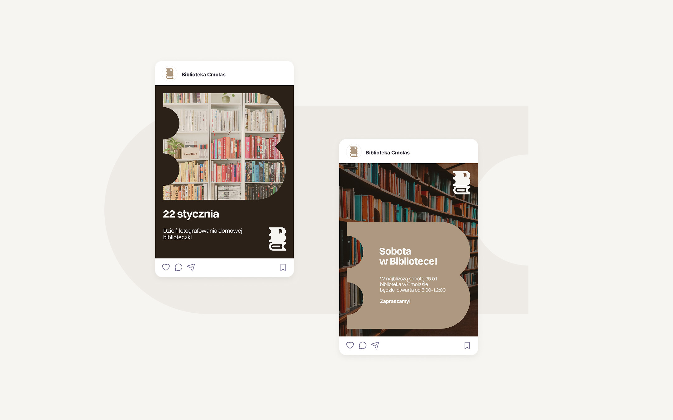 Przykład dwóch grafik do postów social media dla biblioteki