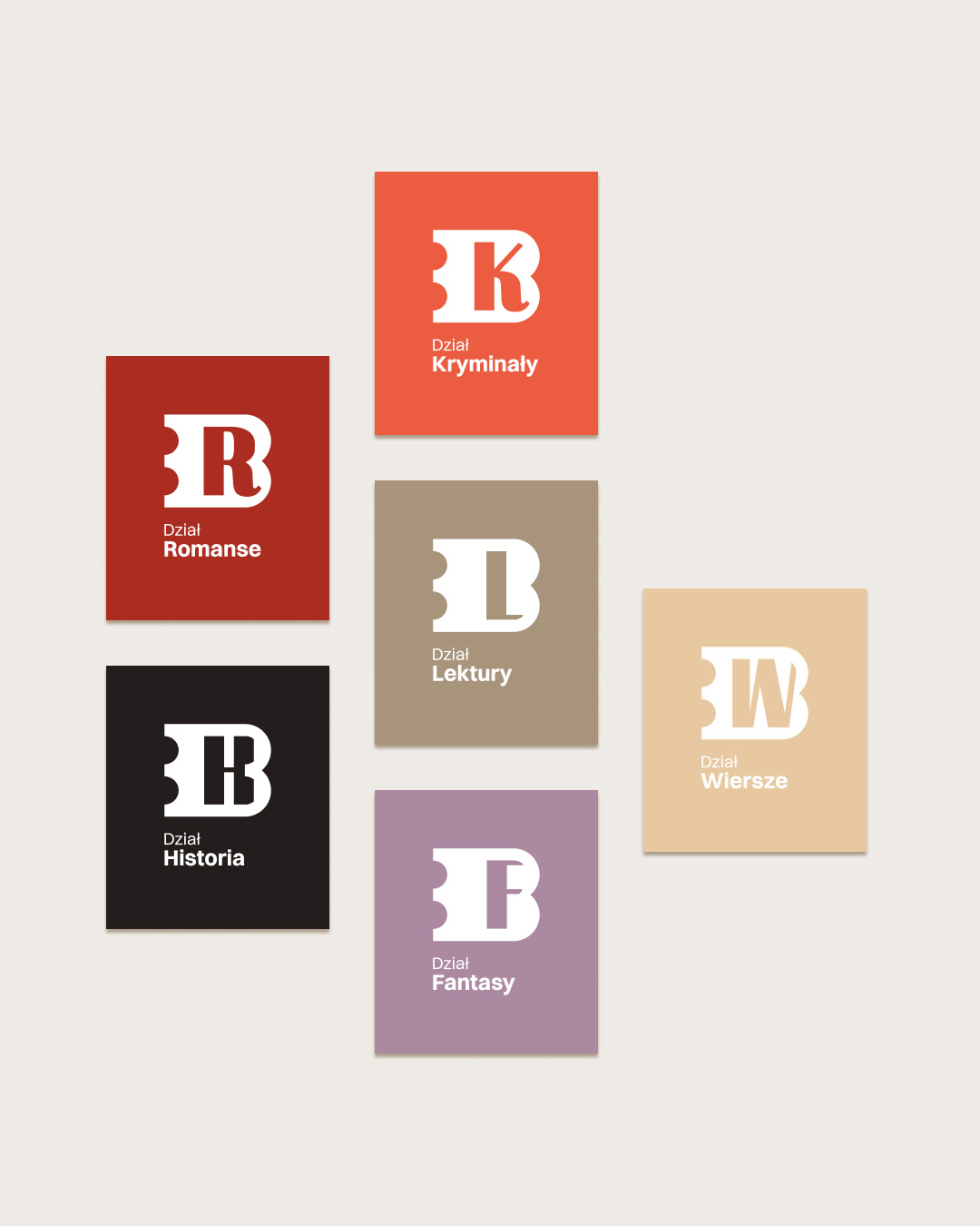 Projekt tabliczek do oznaczenia działów w bibliotece - pokazane 6 przykładowych
