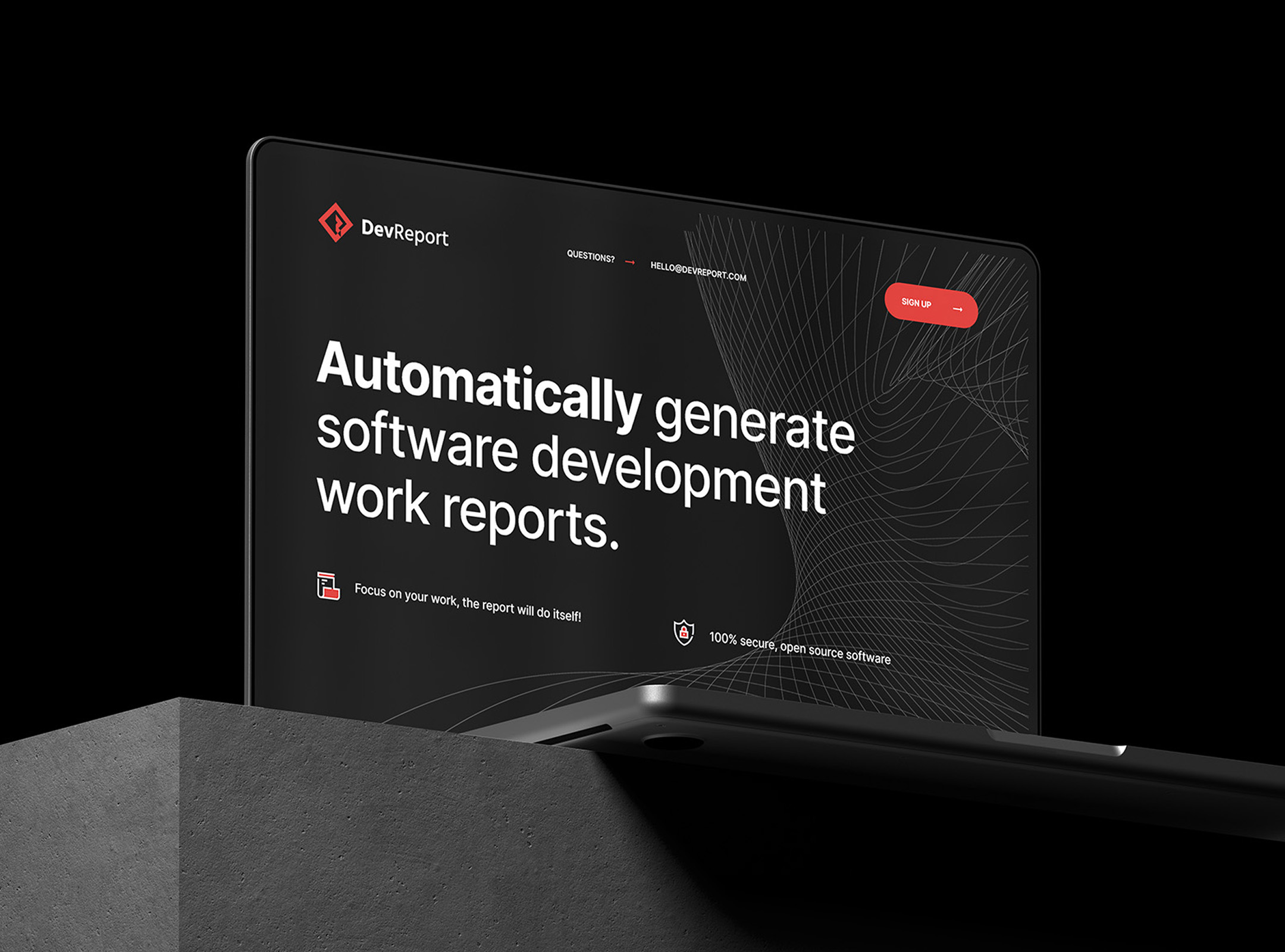 Devreport - prezentacja hero header na laptopie