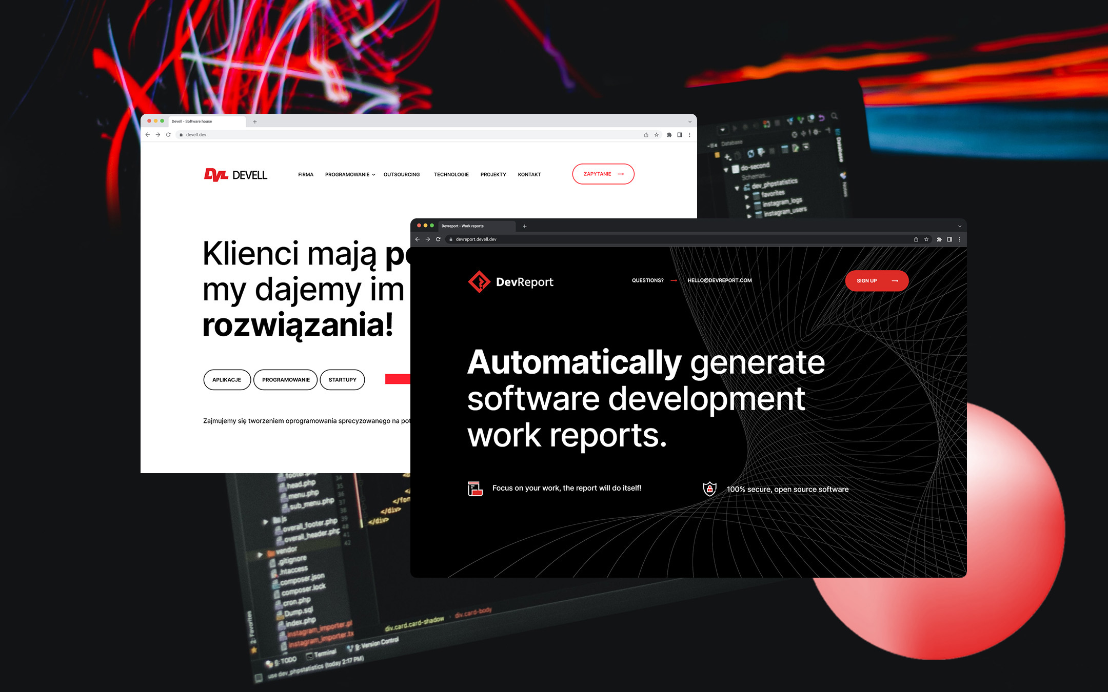 Widok header strony internetowej Devell oraz Landing page Devreport