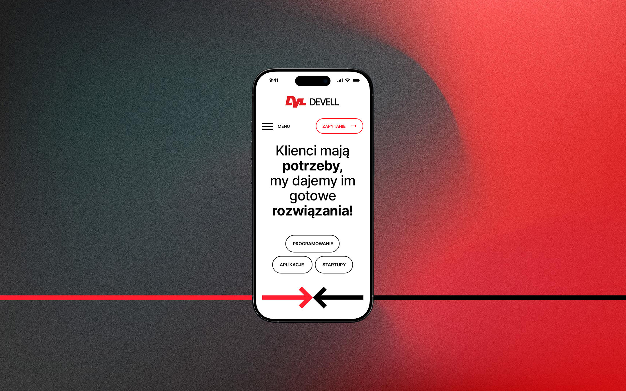 Devell - strona - prezentacja headera na telefonie