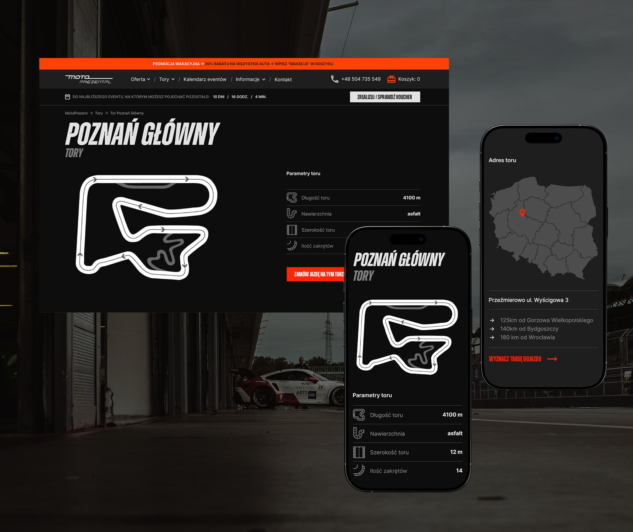 Podstrona Tory - prezentacja headera desktop oraz widoki mobilne