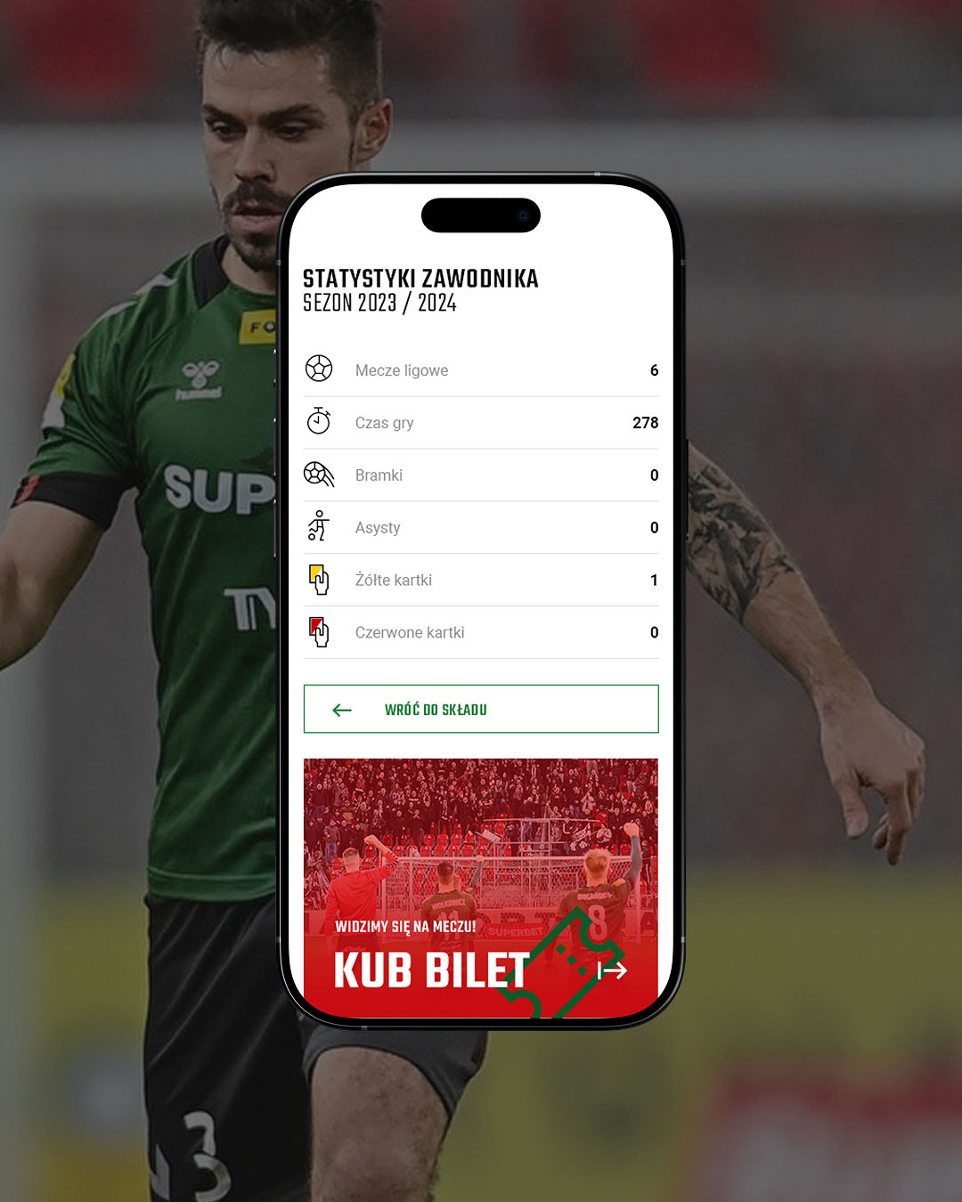 Statystyki zawodnika na jego karcie zawodnika - wersja mobilna