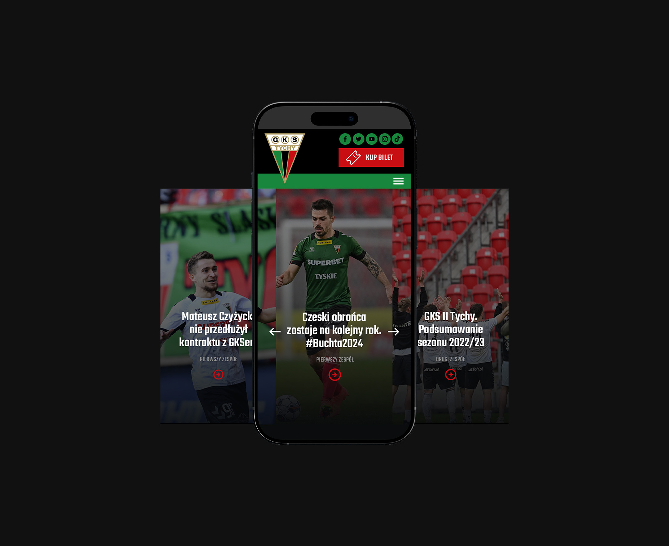 Widok mobilny slajdera z aktualnościami na stronie głównej strony internetowej piłkarskiego klubu GKS Tychy
