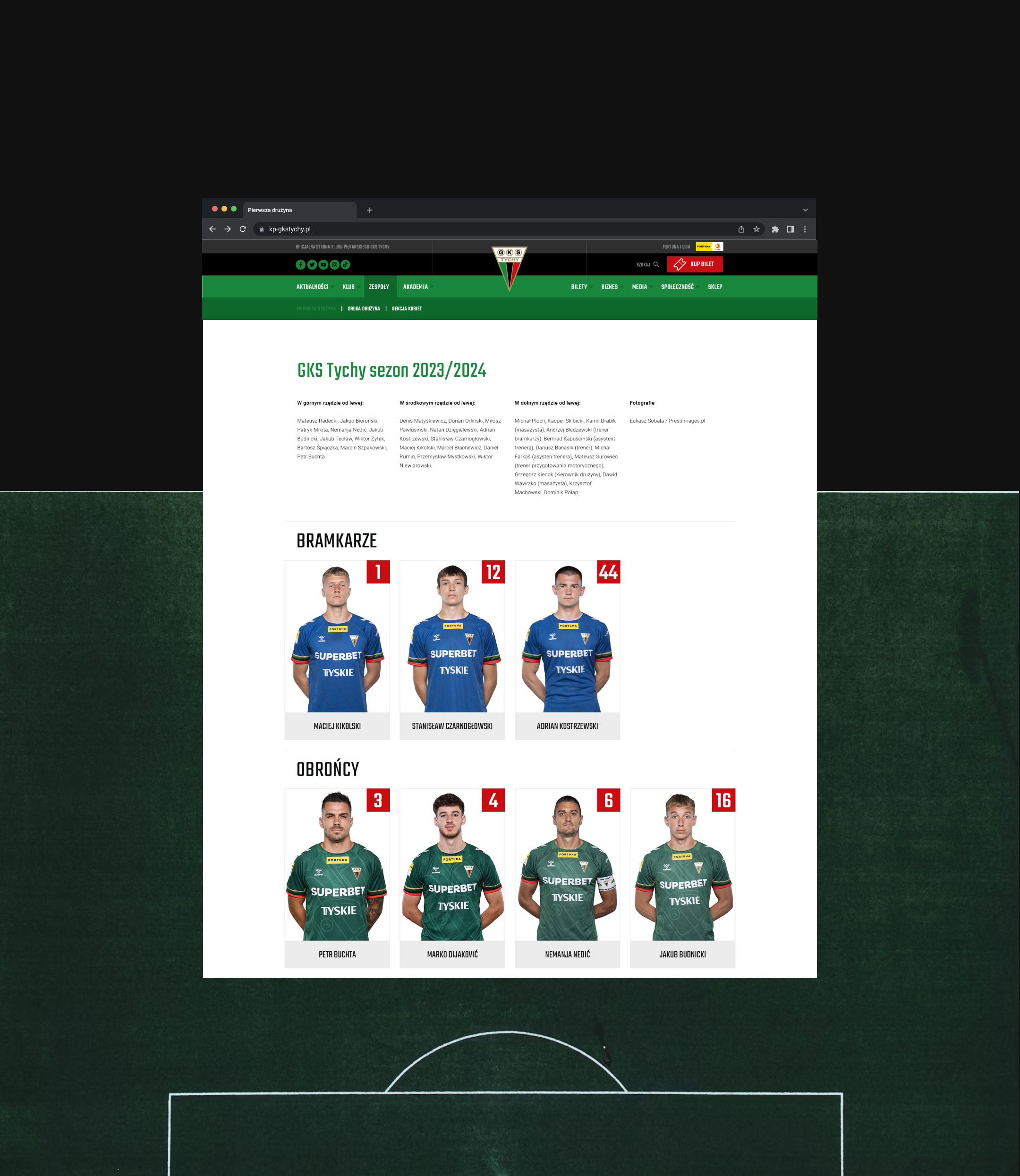 Podstrona prezentującą skład drużyny GKS Tychy - wersja desktop