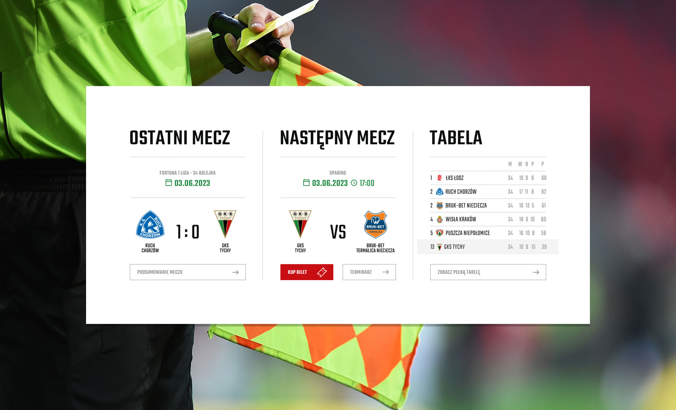 Detale projektu - widok sekcji ligowej na stronie głównej strony internetowej - ostani i następny mecz oraz tabela