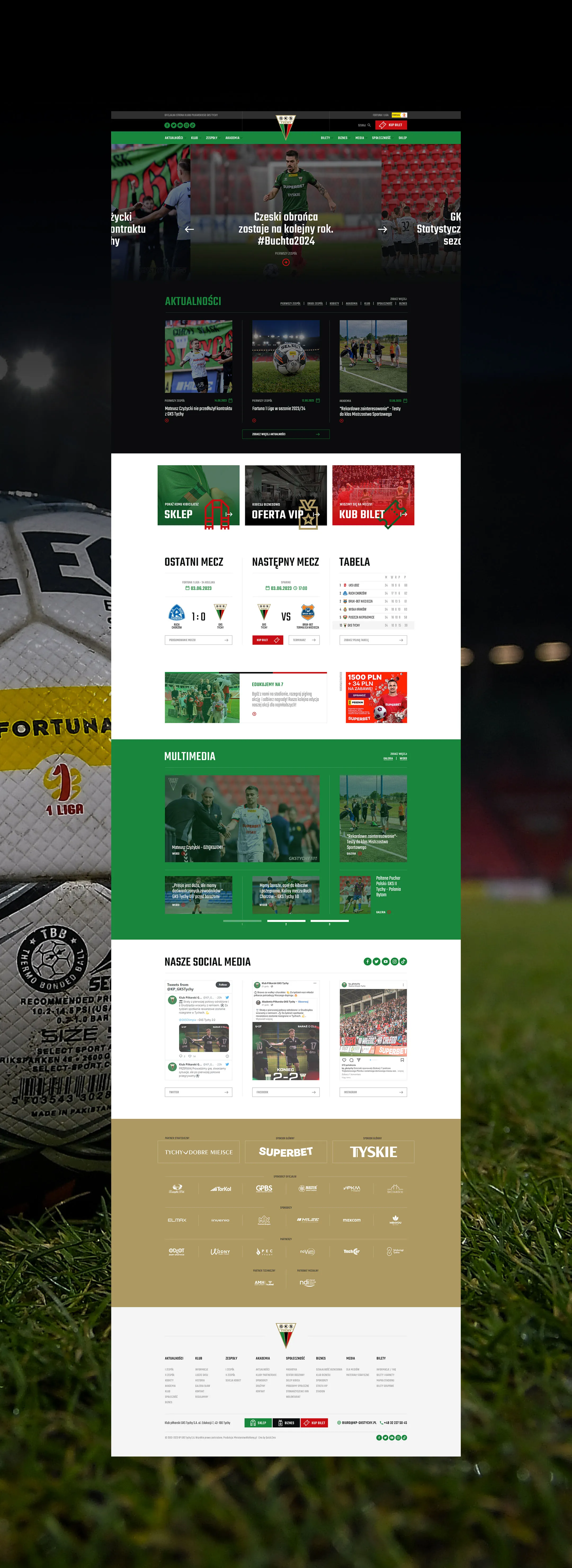 Widok pełnej strony głównej strony internetowej piłkarskiego klubu GKS Tychy