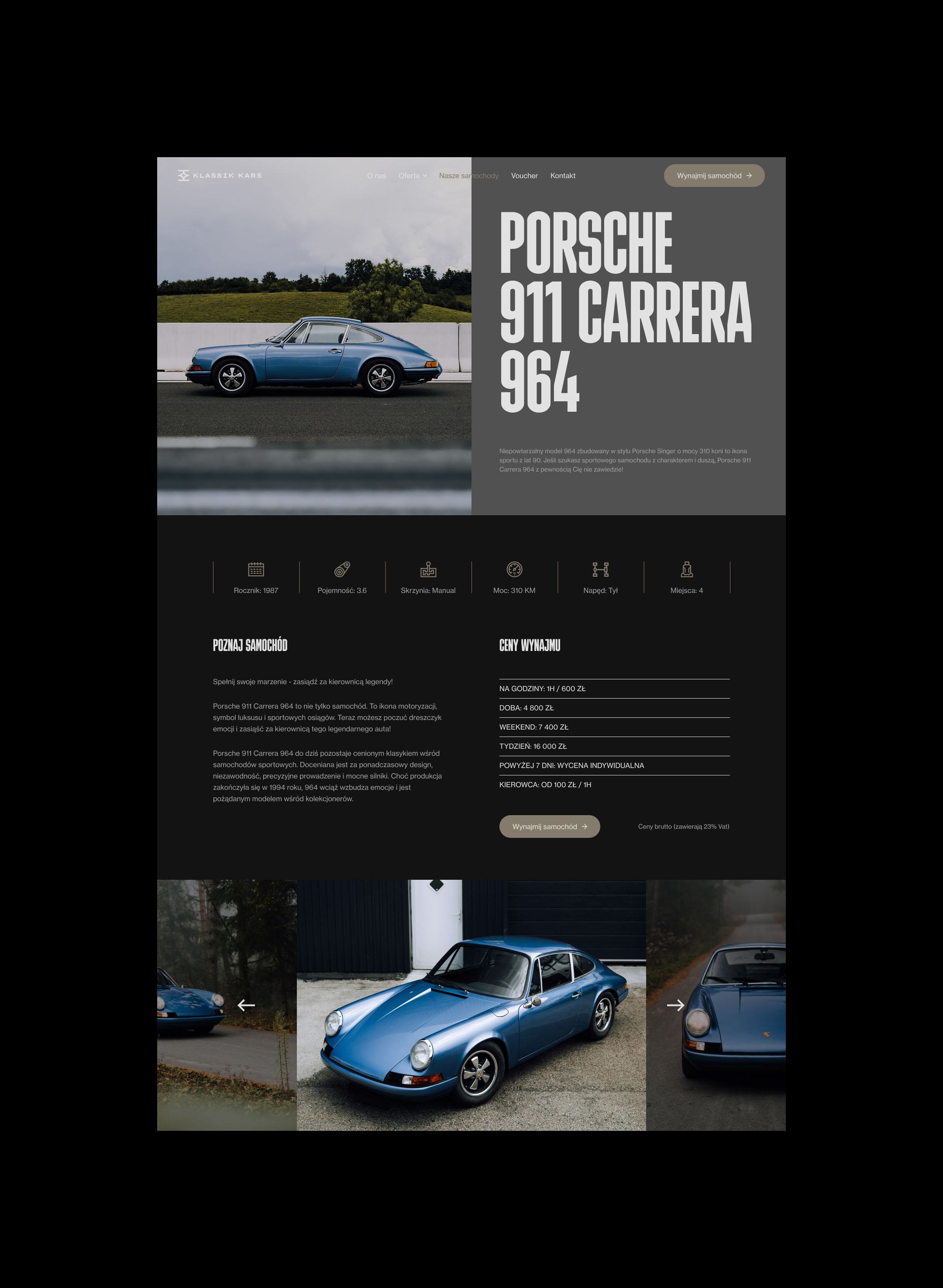 Podstrona wybranego samochodu strony internetowej w wersji desktop