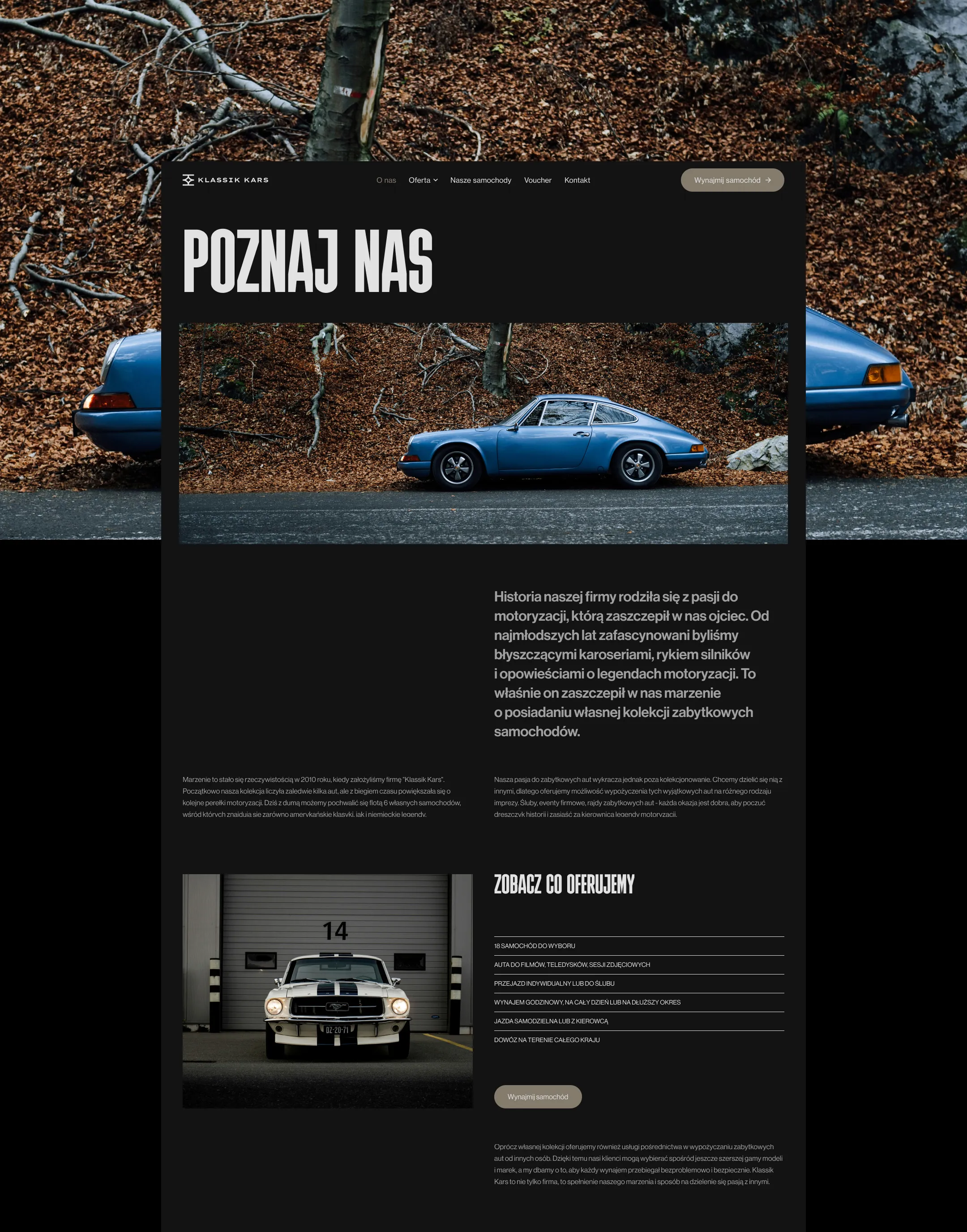 Widok podstrony "O nas" w pełnej wersji desktop strony internetowej wypożyczalni samochodów