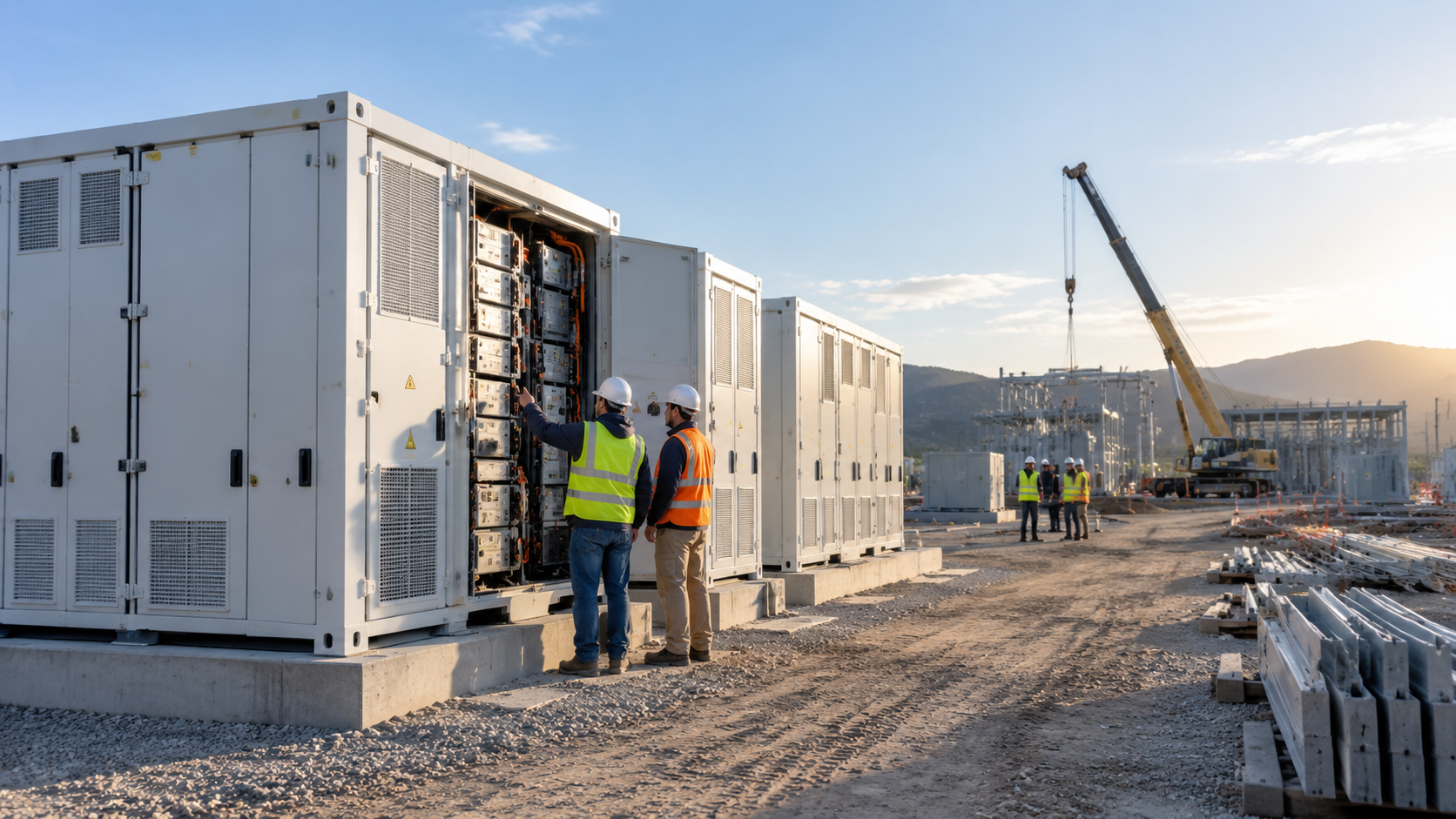 Utility-scale BESS project site showing battery energy storage installation and commissioning activities