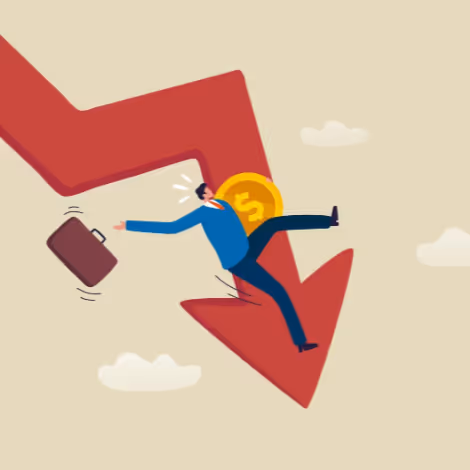 Man falling with red arrow and briefcase depicting cheap shops