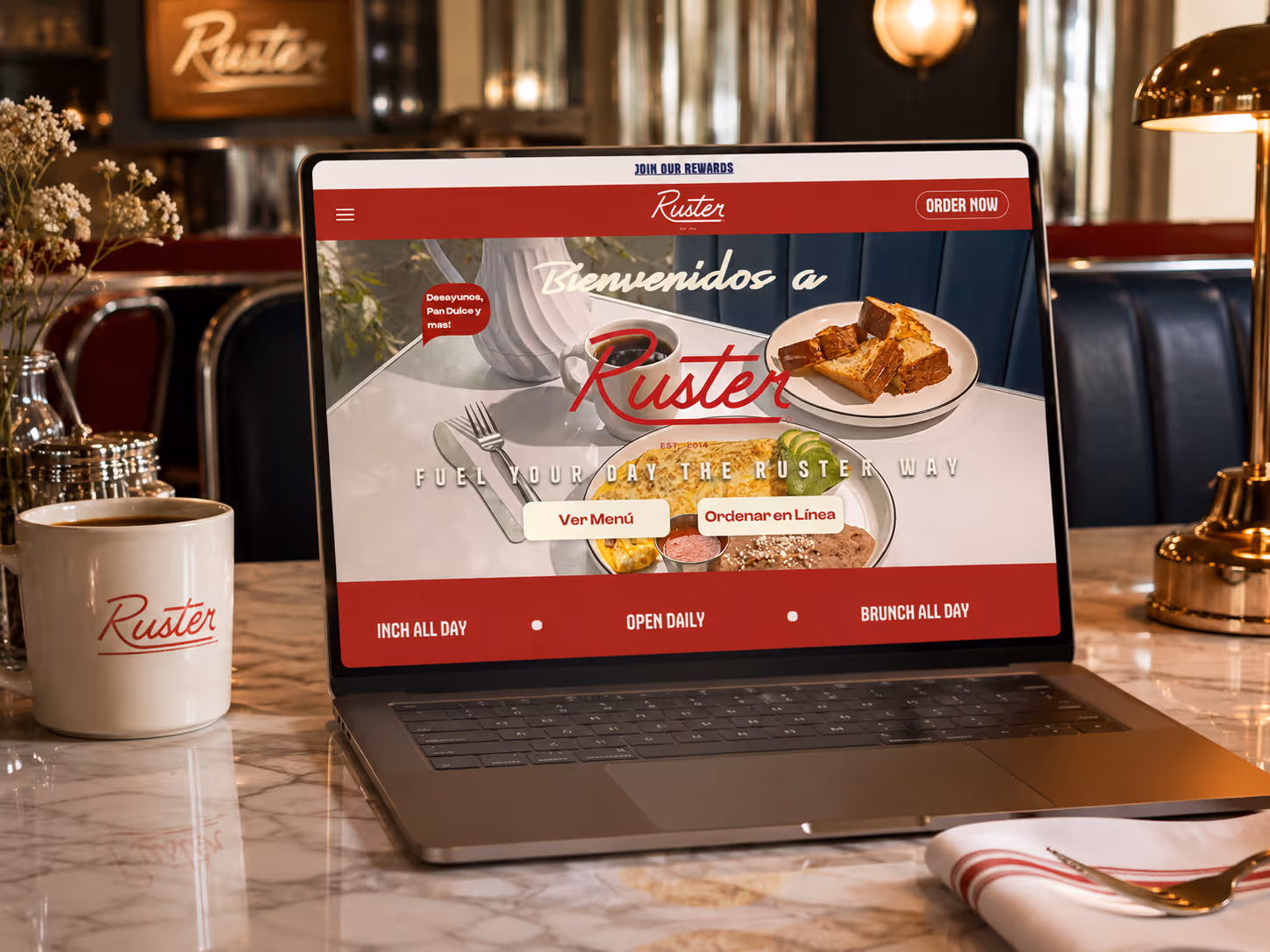 Ruster elevated mexican brunch restaurant website design on laptop