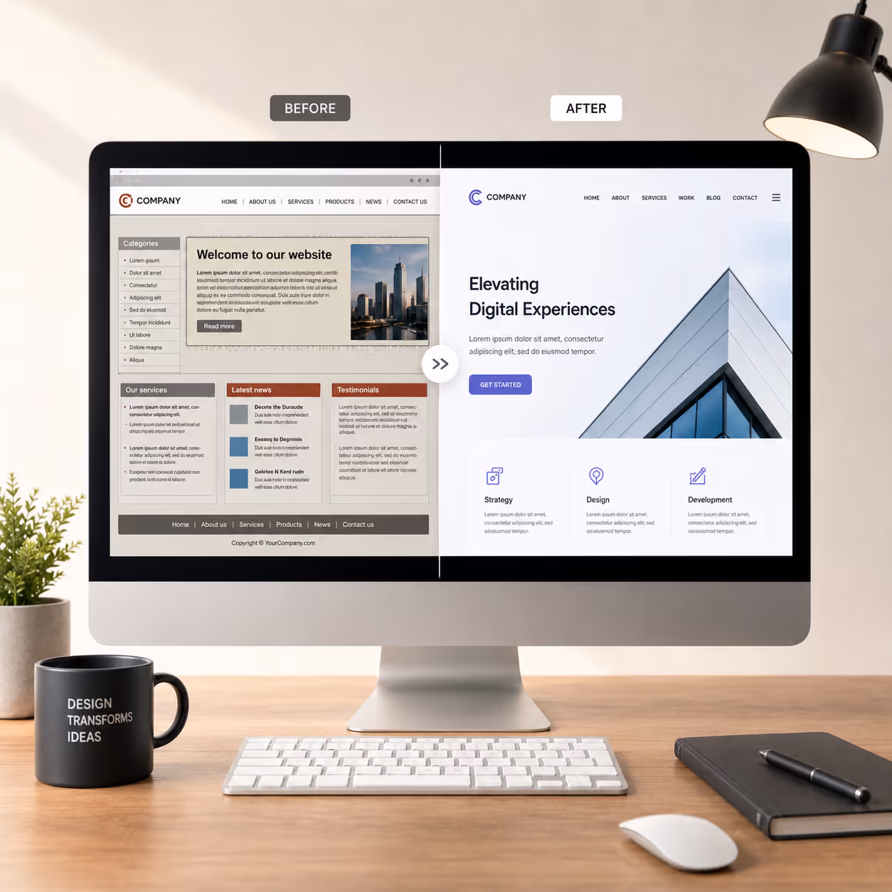Computer in a clean office showing a website before and after