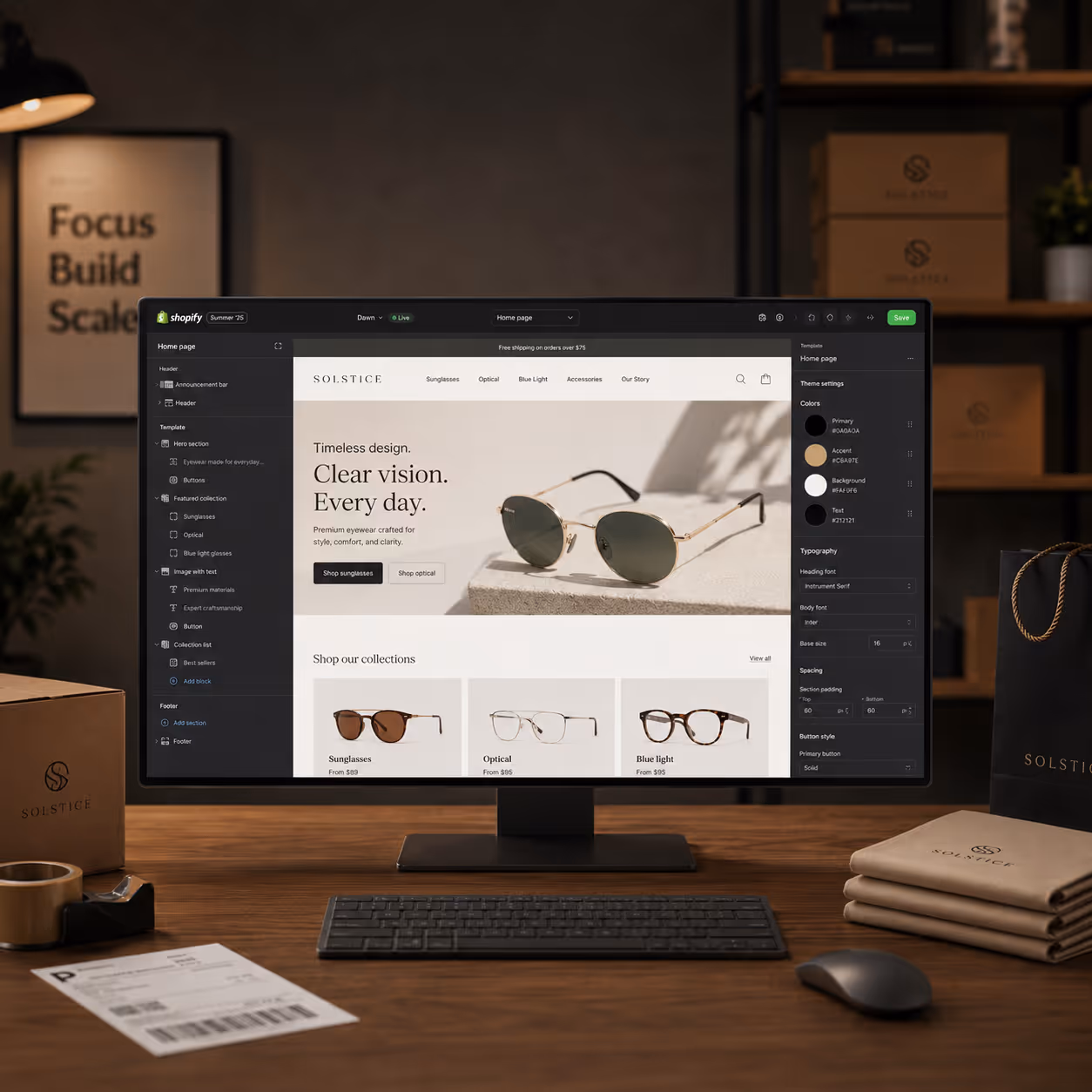 Computer in a moody storage room showing a Shopify website being built