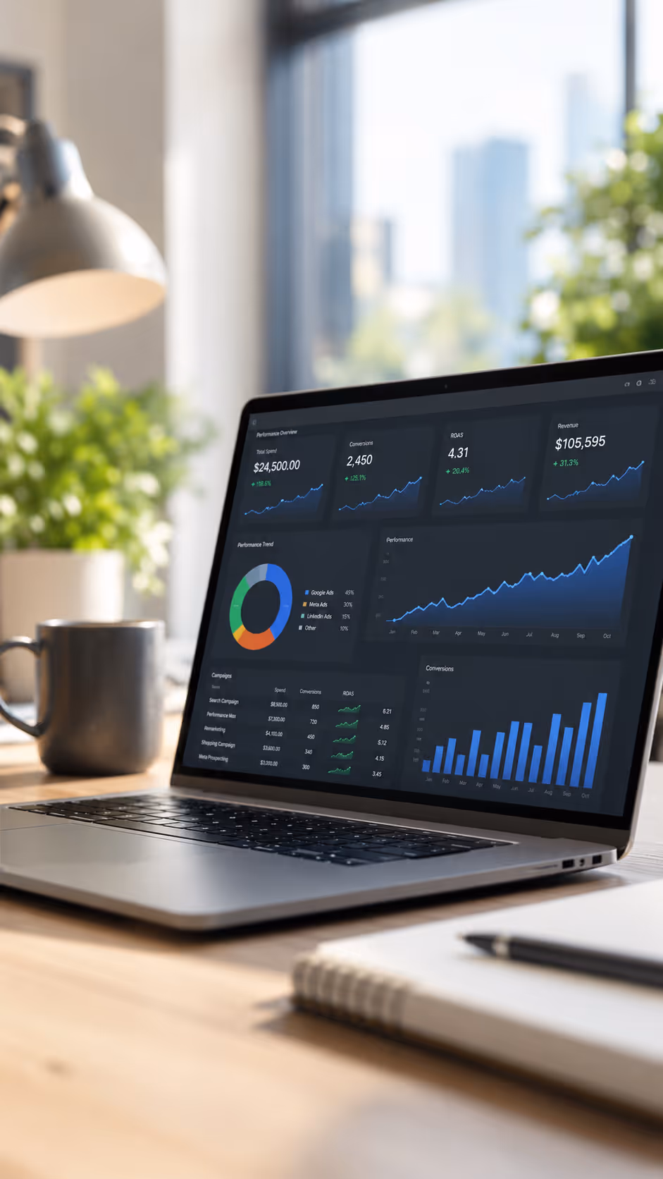 Laptop in home office showing ad campaign dashboard