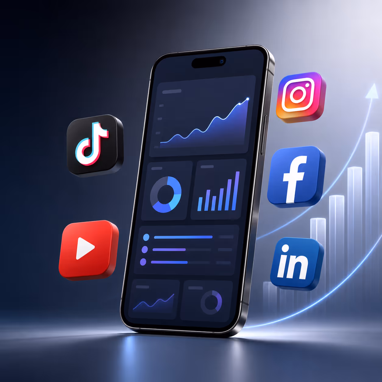 Graphic depiction on an iphone with social media icons around it