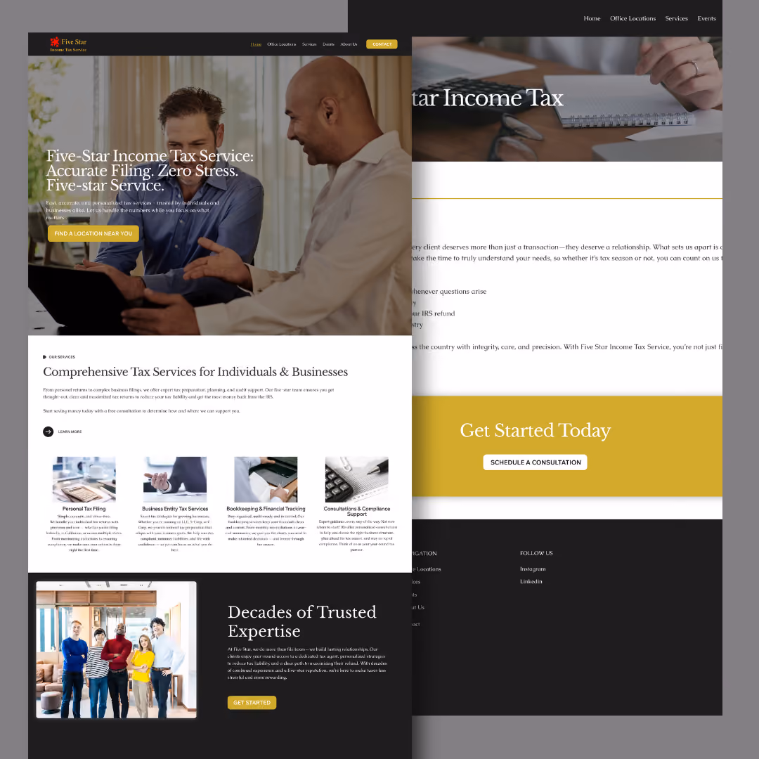 Full-page screenshot of the Five Star Income Tax Service website
