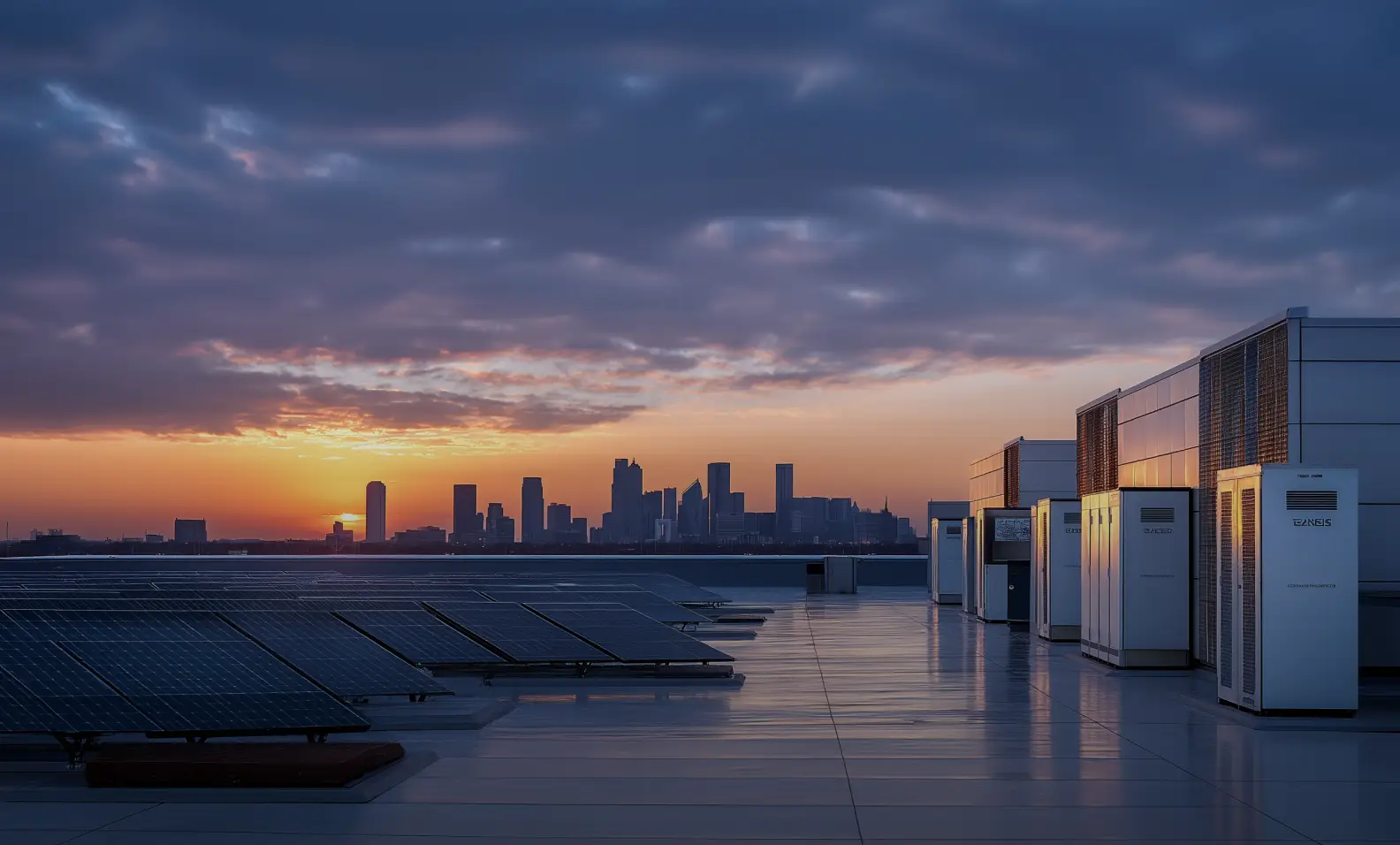 Solar panels and air conditioning units on a rooftop at sunset with a city skyline in the background.