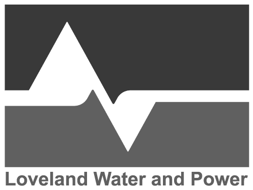 Logo of Loveland Water and Power featuring a stylized white wave and mountain peak on a dark background.