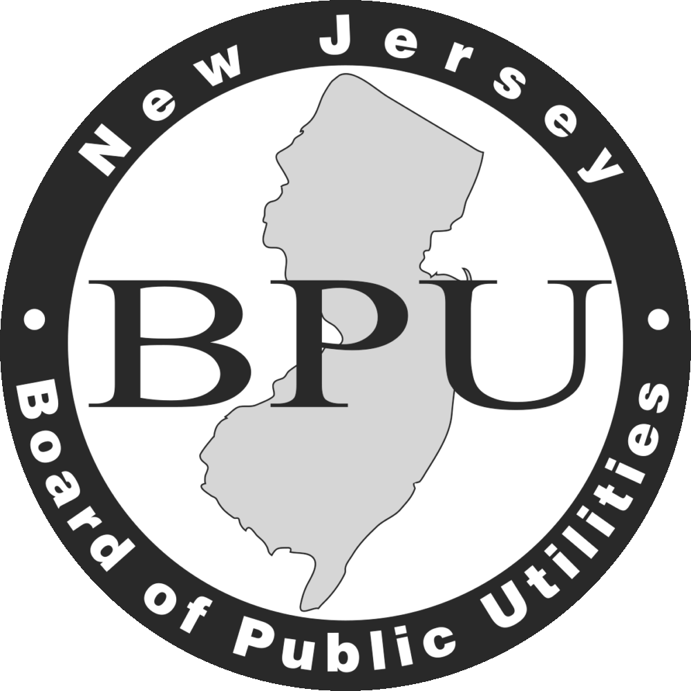 Seal of the New Jersey Board of Public Utilities featuring a gray silhouette of New Jersey and large letters BPU.
