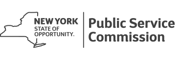 Outline of New York State with text 'New York State of Opportunity' next to vertical line and 'Public Service Commission' text.