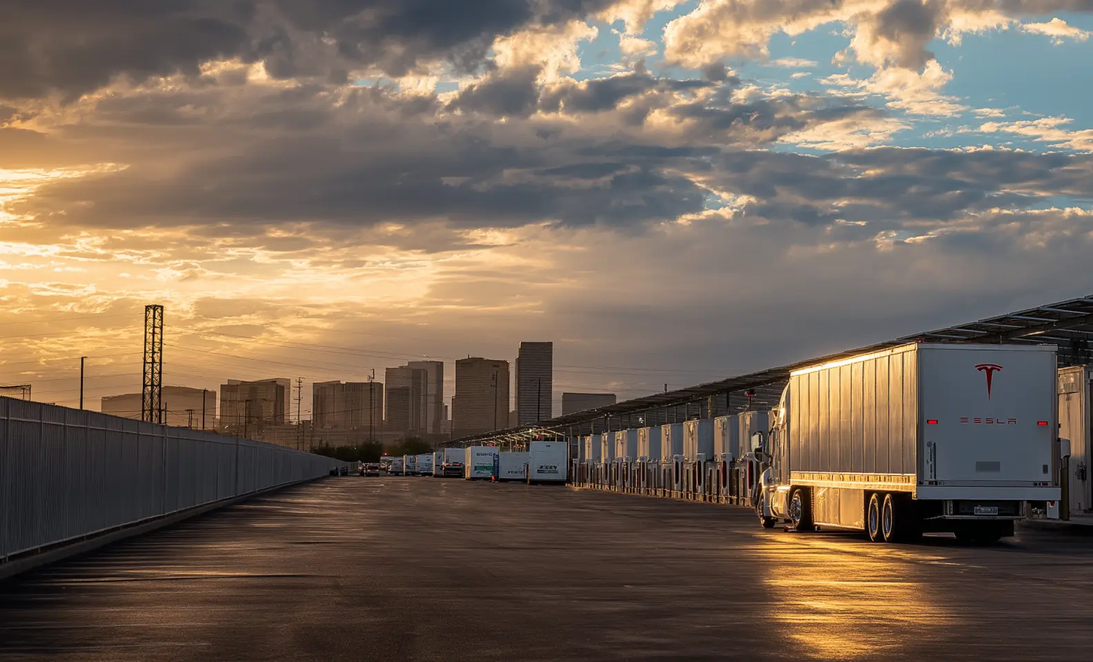 Tesla semi truck parked near a row of trailers at a loading dock during sunset with city skyline and cloudy sky in the background.