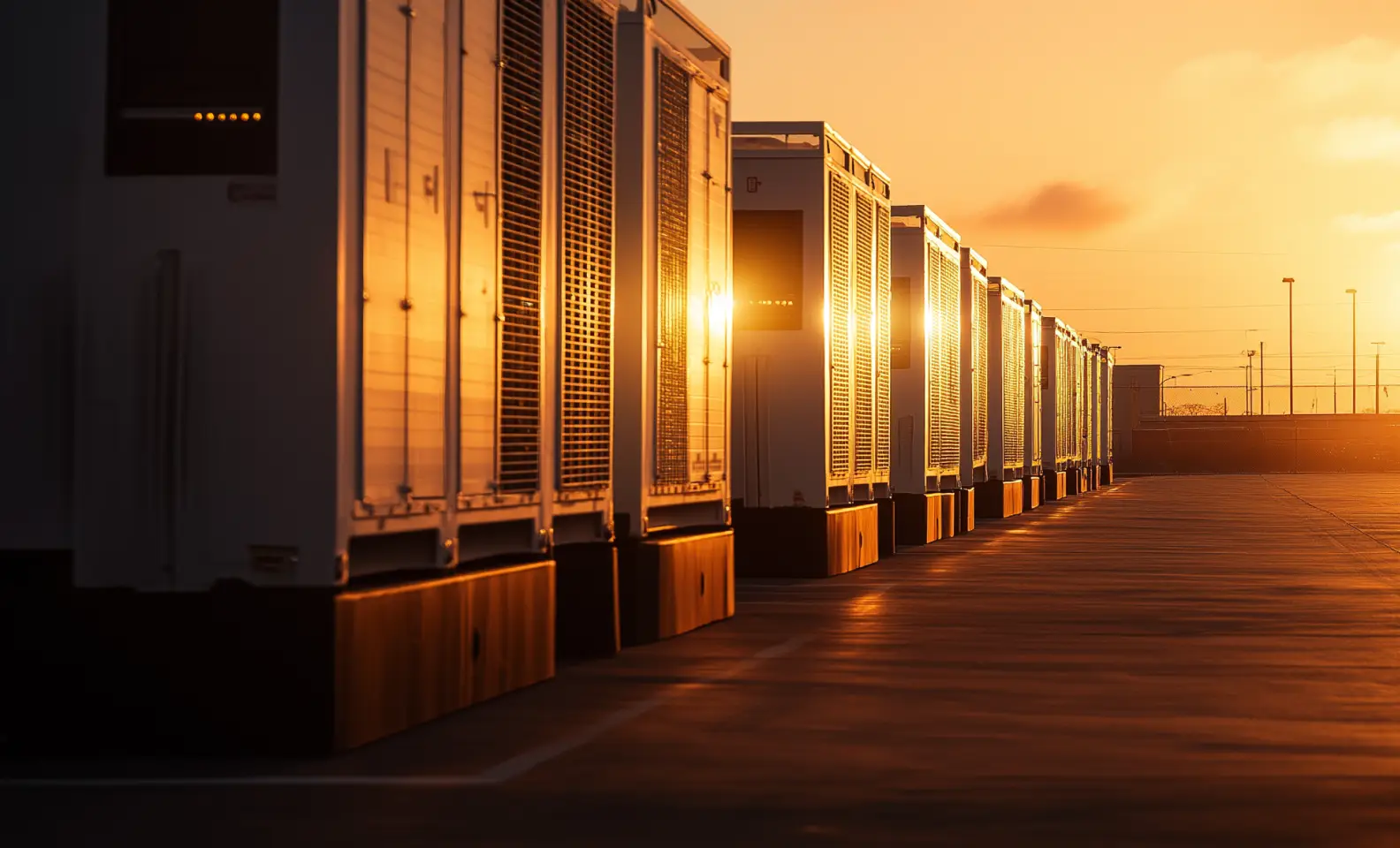 Row of large industrial battery storage units reflecting the golden light of sunset.