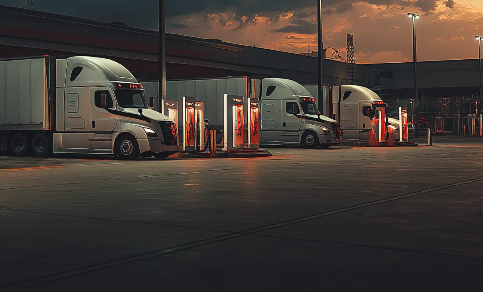 Three white semi-trucks parked and charging at Tesla electric vehicle charging stations during sunset.
