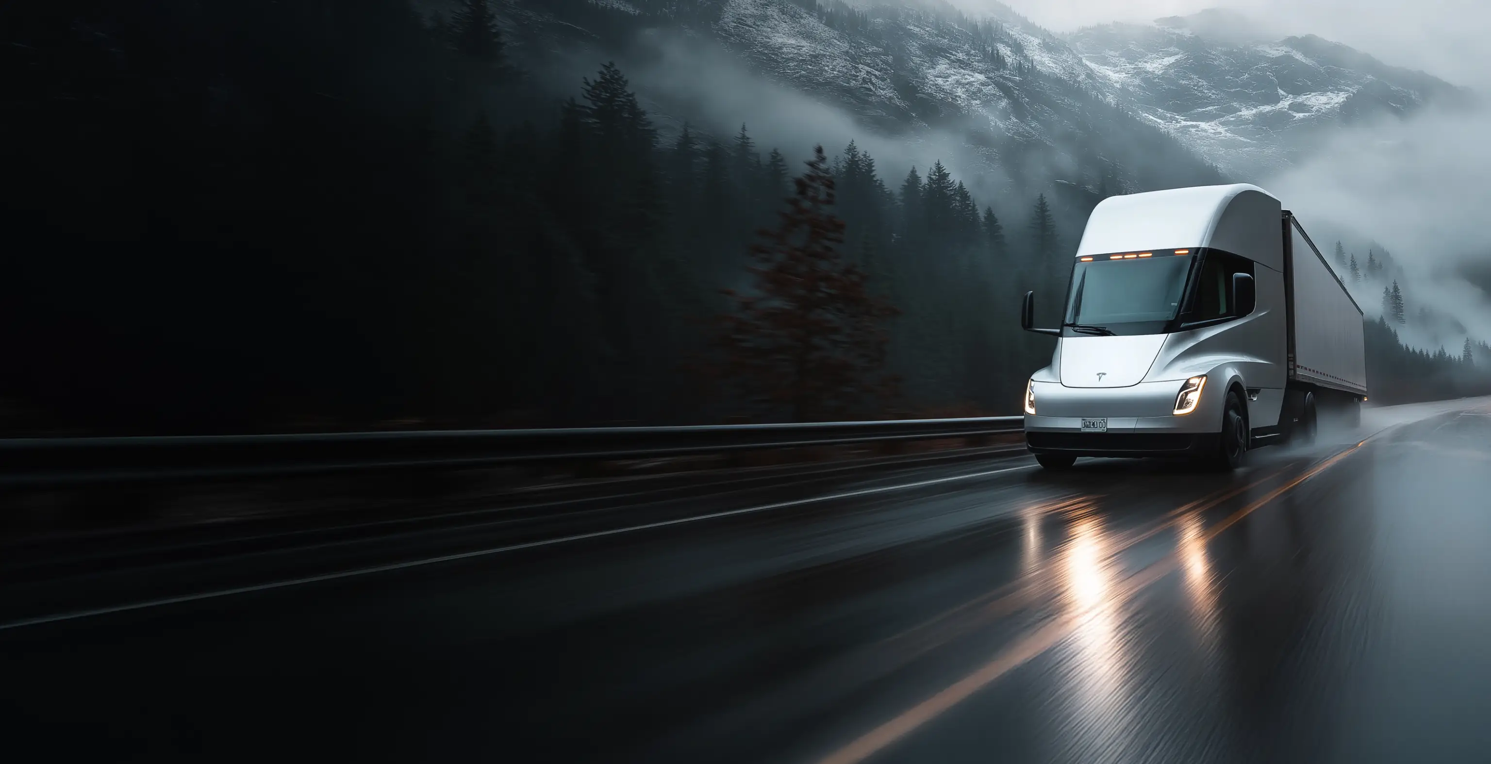 Silver Tesla semi truck driving on a wet mountain highway with fog and pine trees.