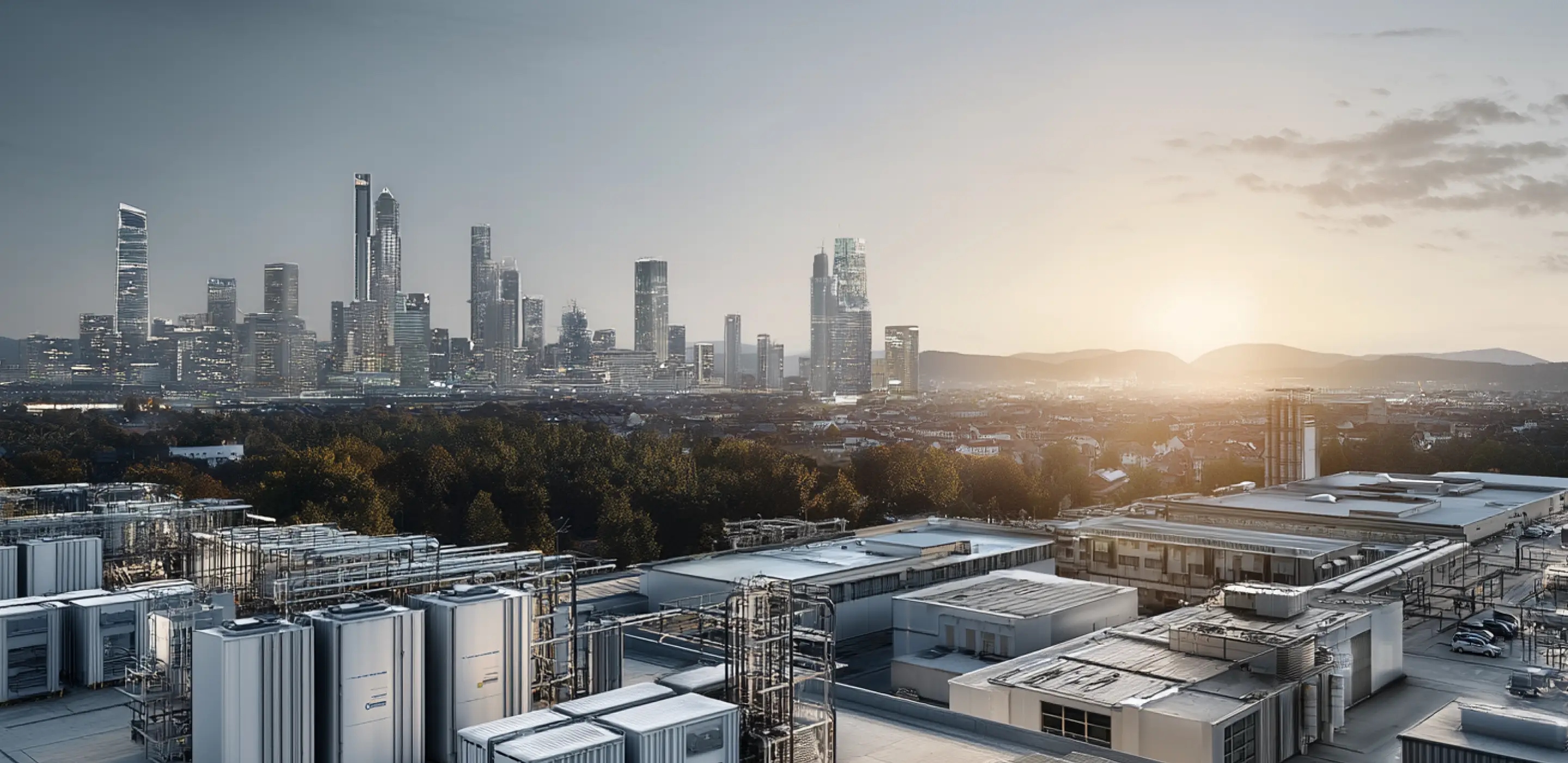 City skyline at sunset with industrial buildings and storage tanks in the foreground and green trees in between.
