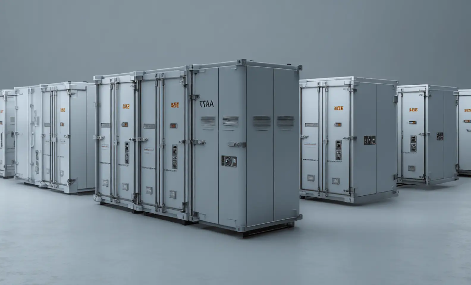 Row of closed gray industrial shipping containers on a plain gray floor and background.