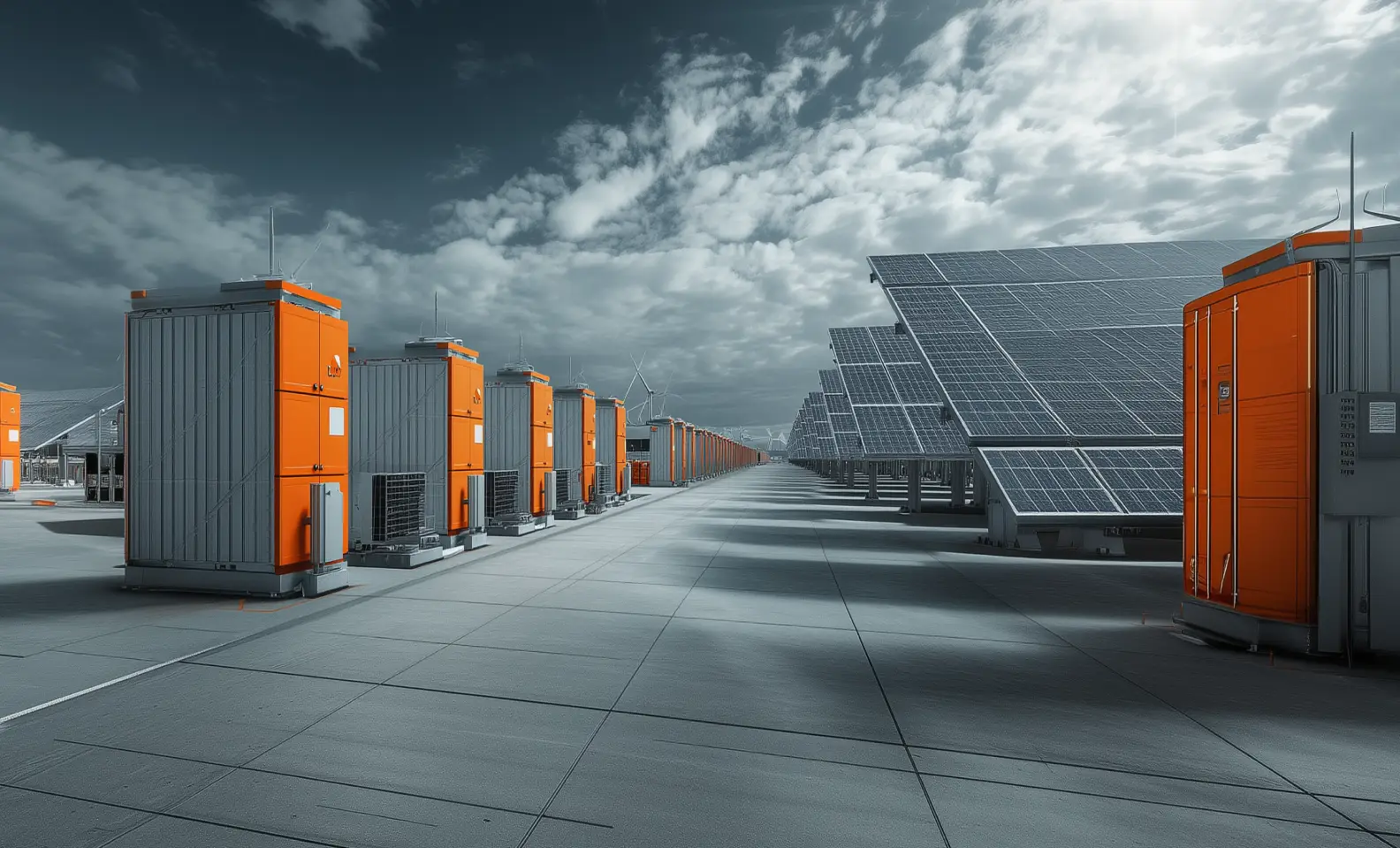Row of orange and gray industrial units alongside solar panels under a cloudy sky.