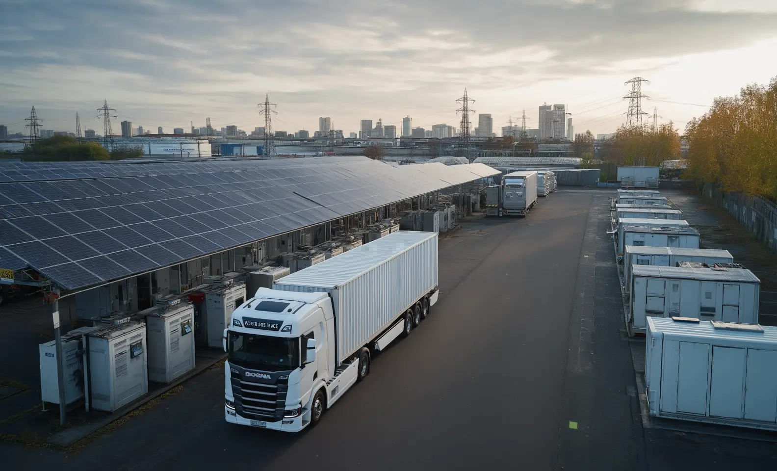 White semi-truck with a large container trailer parked beside a warehouse with solar panels on its roof in an industrial area.