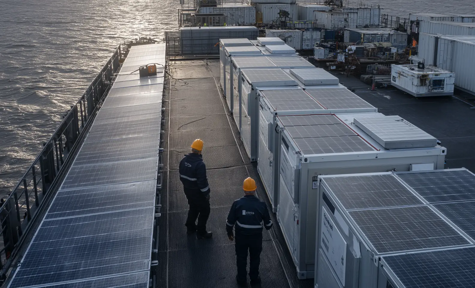 Two workers in safety gear walking between rows of container units equipped with solar panels on a platform by the water.