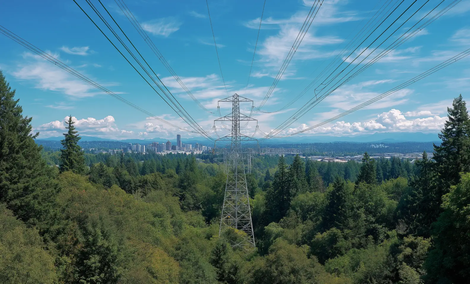 Transmission towers with power lines running over a dense forest with a city skyline and mountains in the background under a blue sky with clouds.