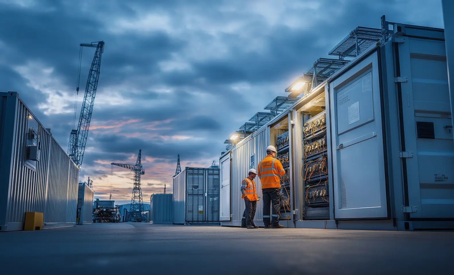 Two workers in orange safety vests and helmets inspecting electrical equipment inside large outdoor industrial containers at dusk.