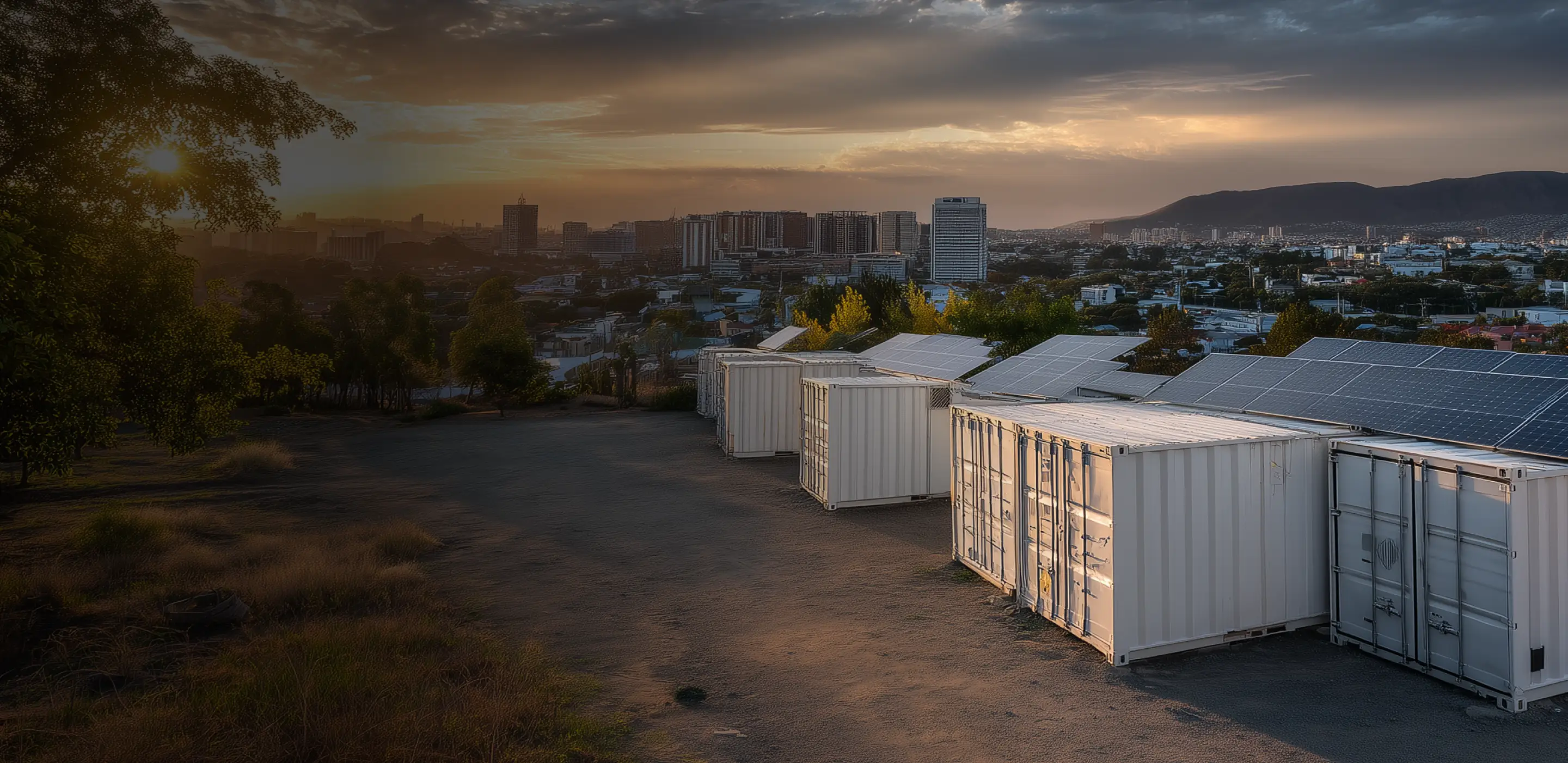 White shipping containers equipped with solar panels on top under a sunset sky, overlooking a cityscape with buildings and hills in the background.